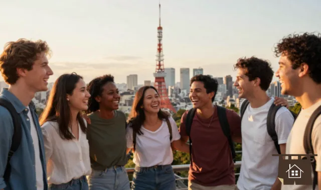 東京タワーの前で写真を撮る男女