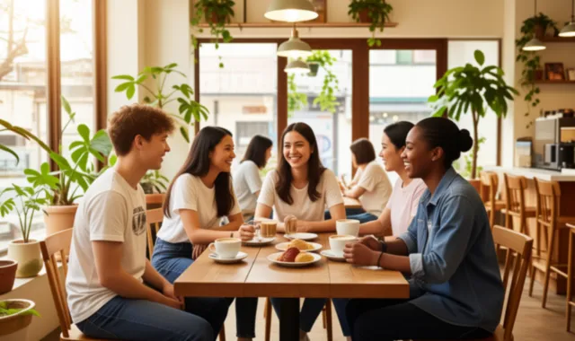 カフェで会話をする男女