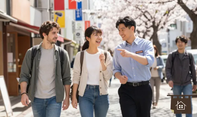 通りで話すながら歩く男女男女